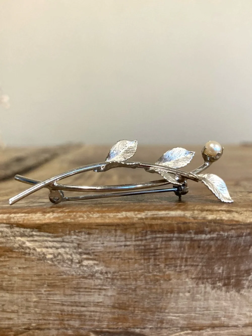 Vintage Sterling Silver Leaf Brooch • C R Co Signed • Pearl Accent